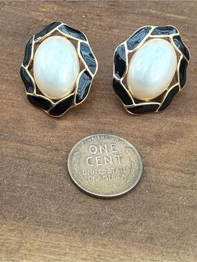 Trifari Classic Black Enamel and Pearl Cabochon Earrings